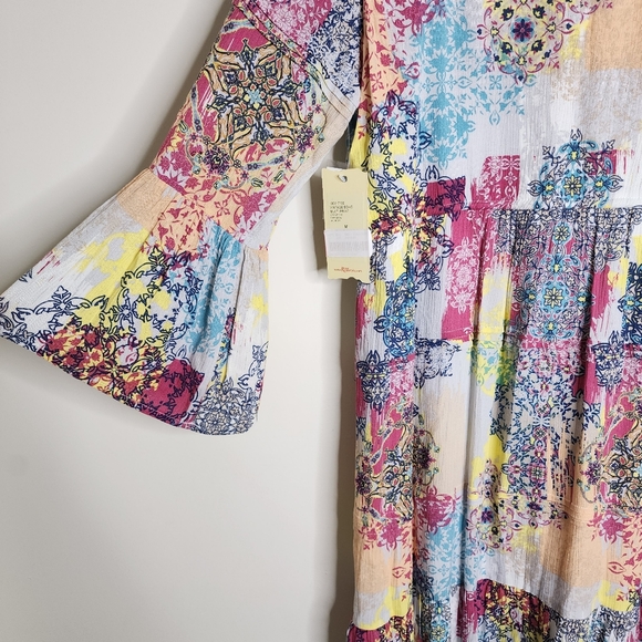 Reba Vintage Boho Patchwork Multi Print Bell Sleeve Midi Dress Med Garden Girl - Picture 9 of 13